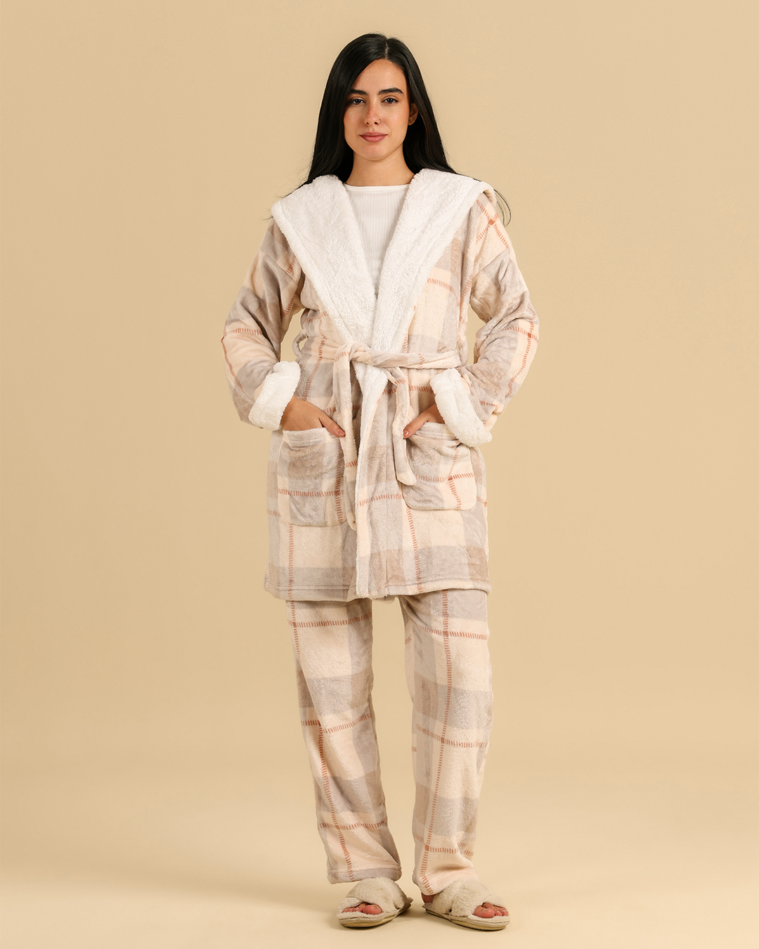 Women fur plaid robe