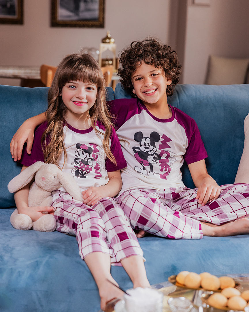 Family checkers بيجاما بناتي نص كم و بنطلون قطن