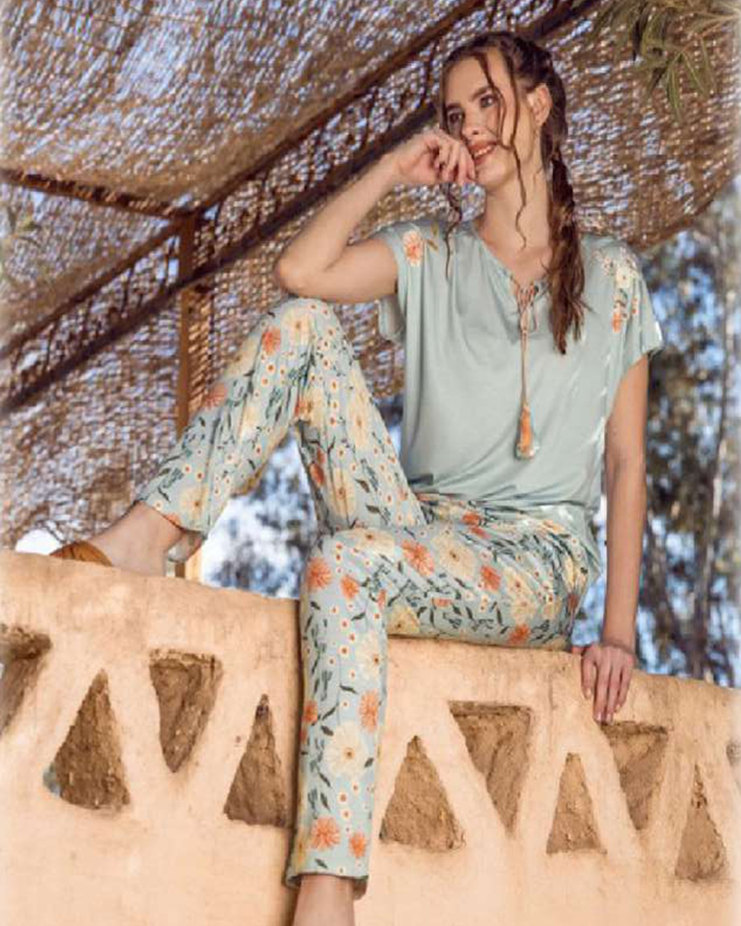 Women's pajamas, rhubarb, floral ties, floral pants