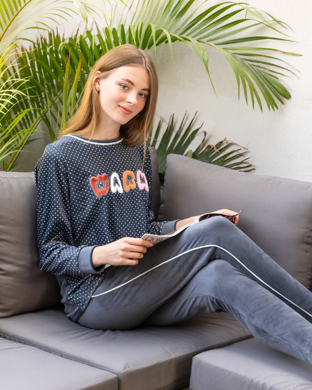 Women's velor pajamas with dotted print