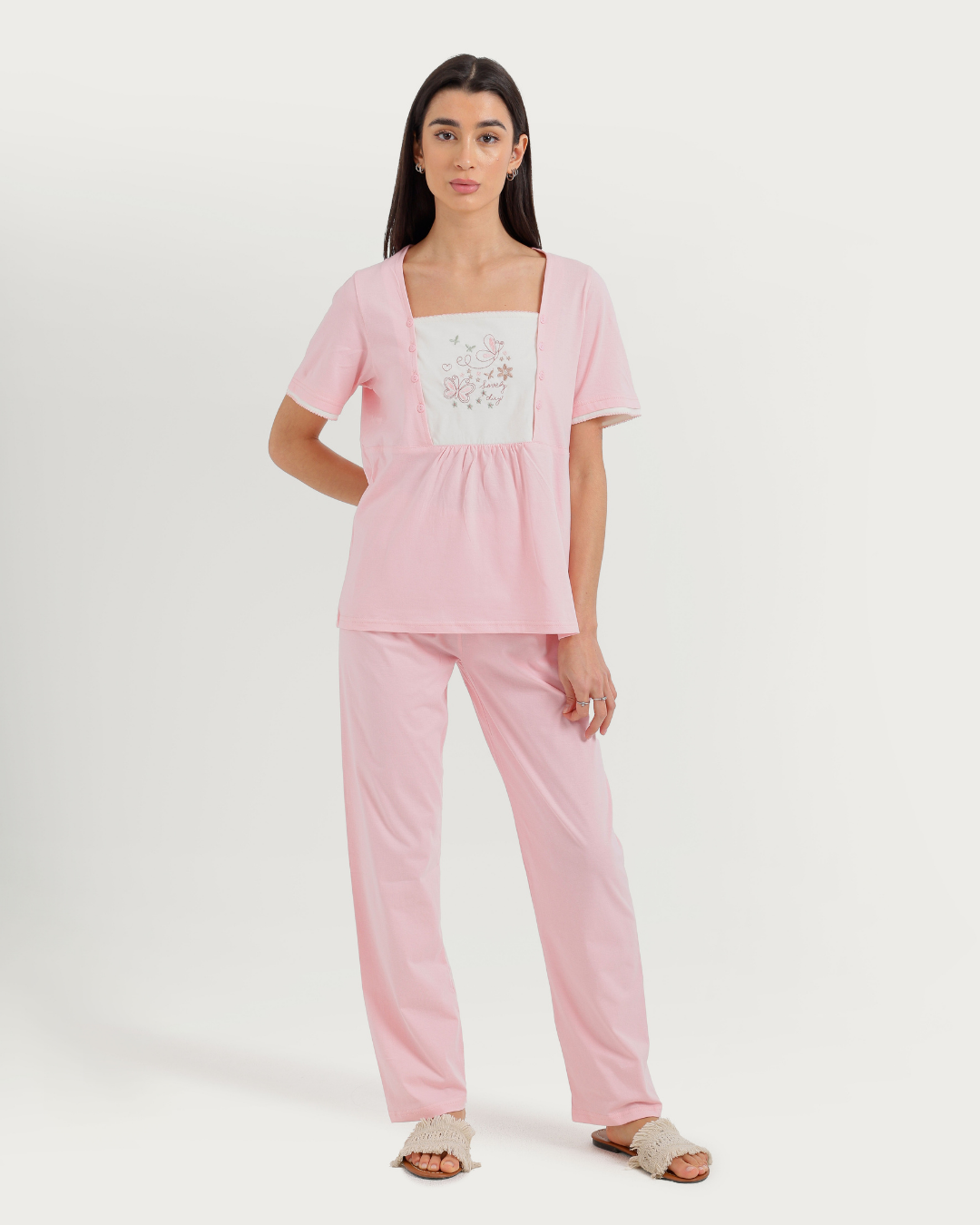 Women's Half Sleeve Pajama with Buttoned Pants