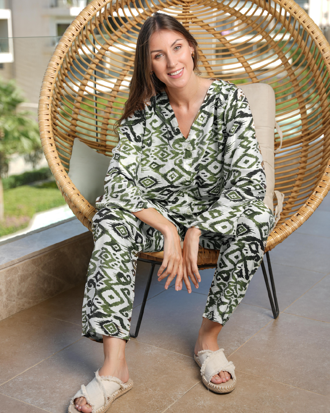 Linen Kimon Set طقم حريمي بزراير وبنطلون كتان