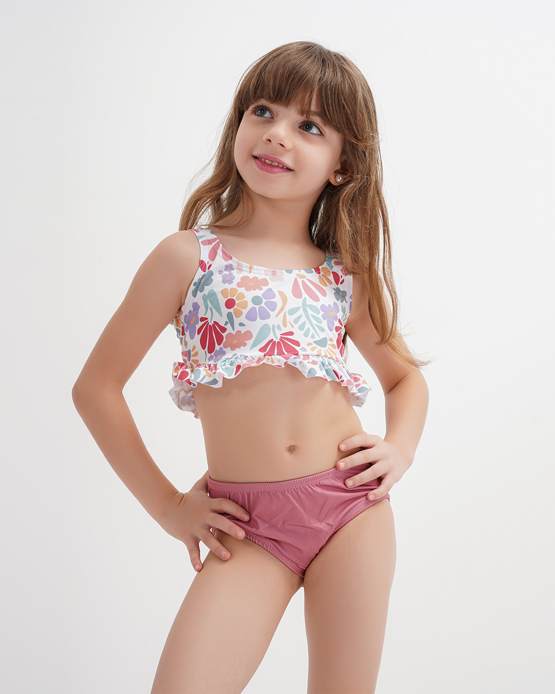 مايوه بناتي قطعتين مطبوع ورد