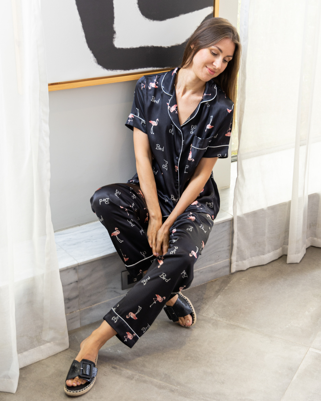 Classic women's pajamas, half sleeves, flamingo
