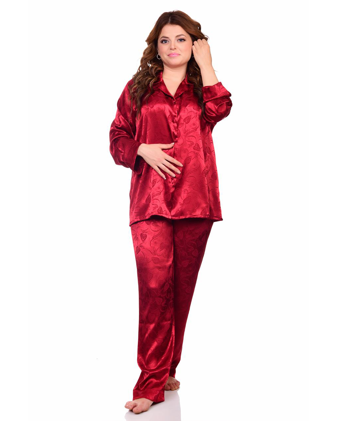 بيجامه حريمي ستان كلاسيك مشجرة بزراير