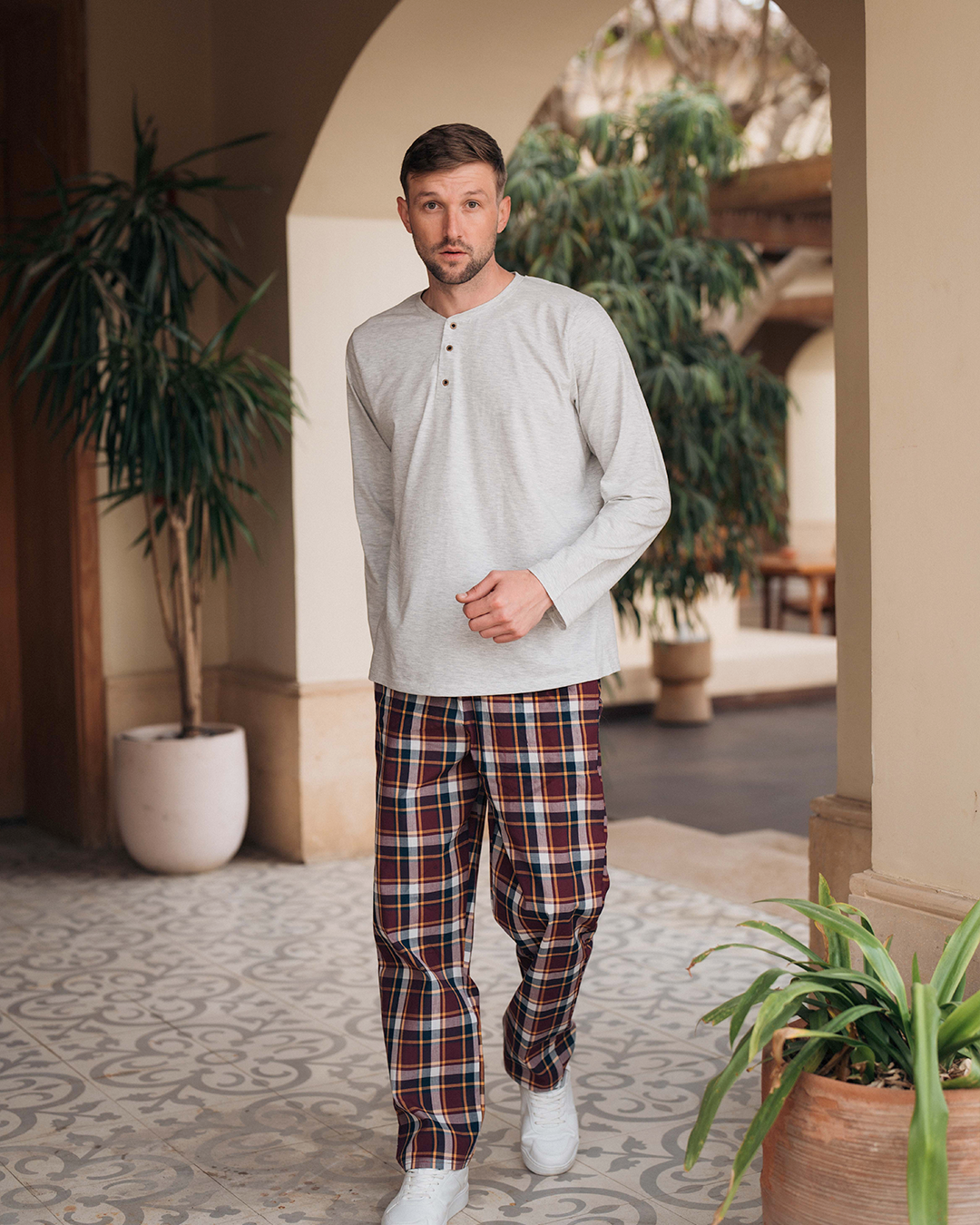 Men's plaid pajamas with buttons