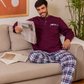 Men's pajamas, plain long-sleeved T-shirt with round neck, button-down collar, chest pocket and checkered pants