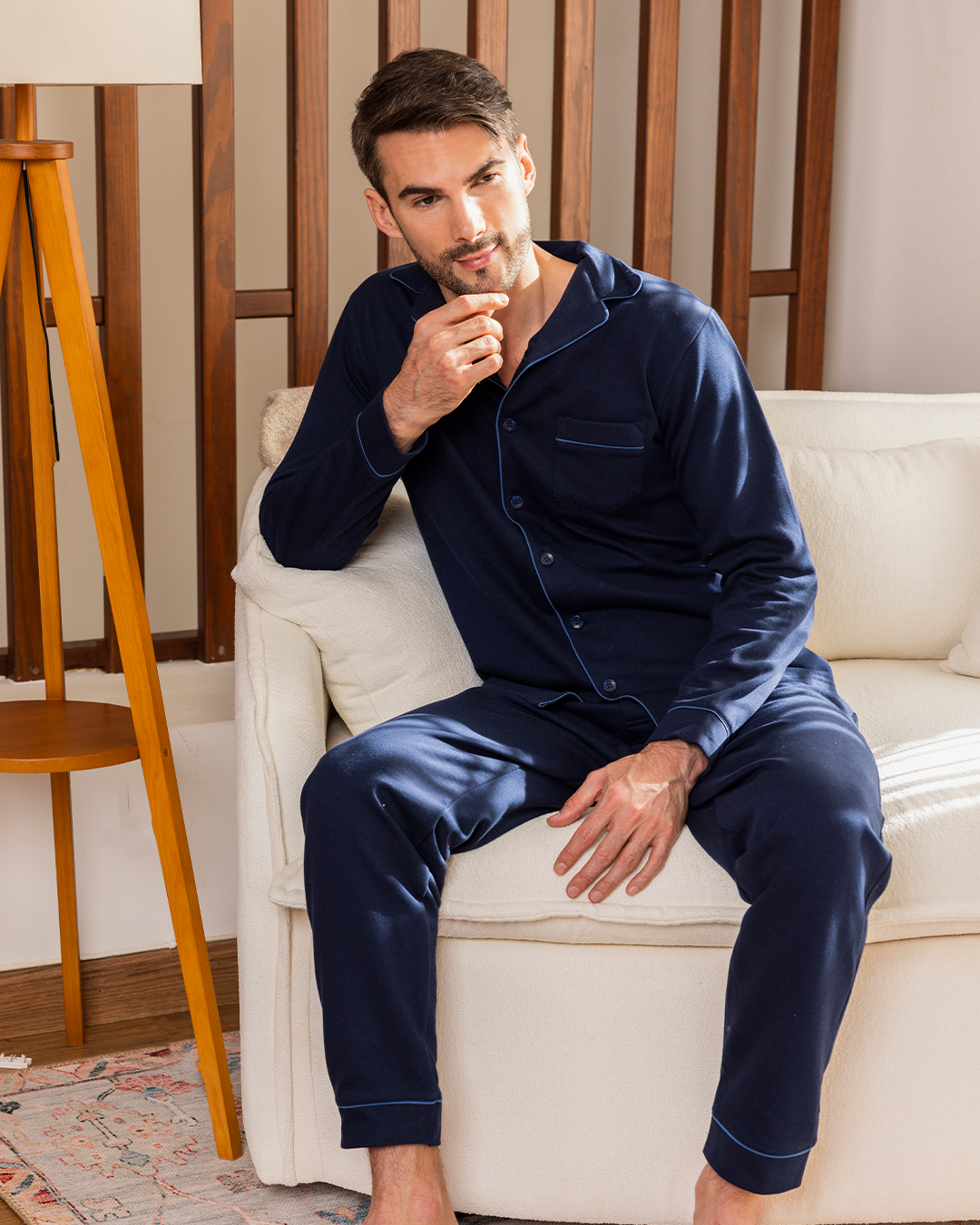 Men's open-buttoned navy blue pajamas