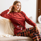 snow Women's pajamas, velvet, round neck, embroidered with check pants