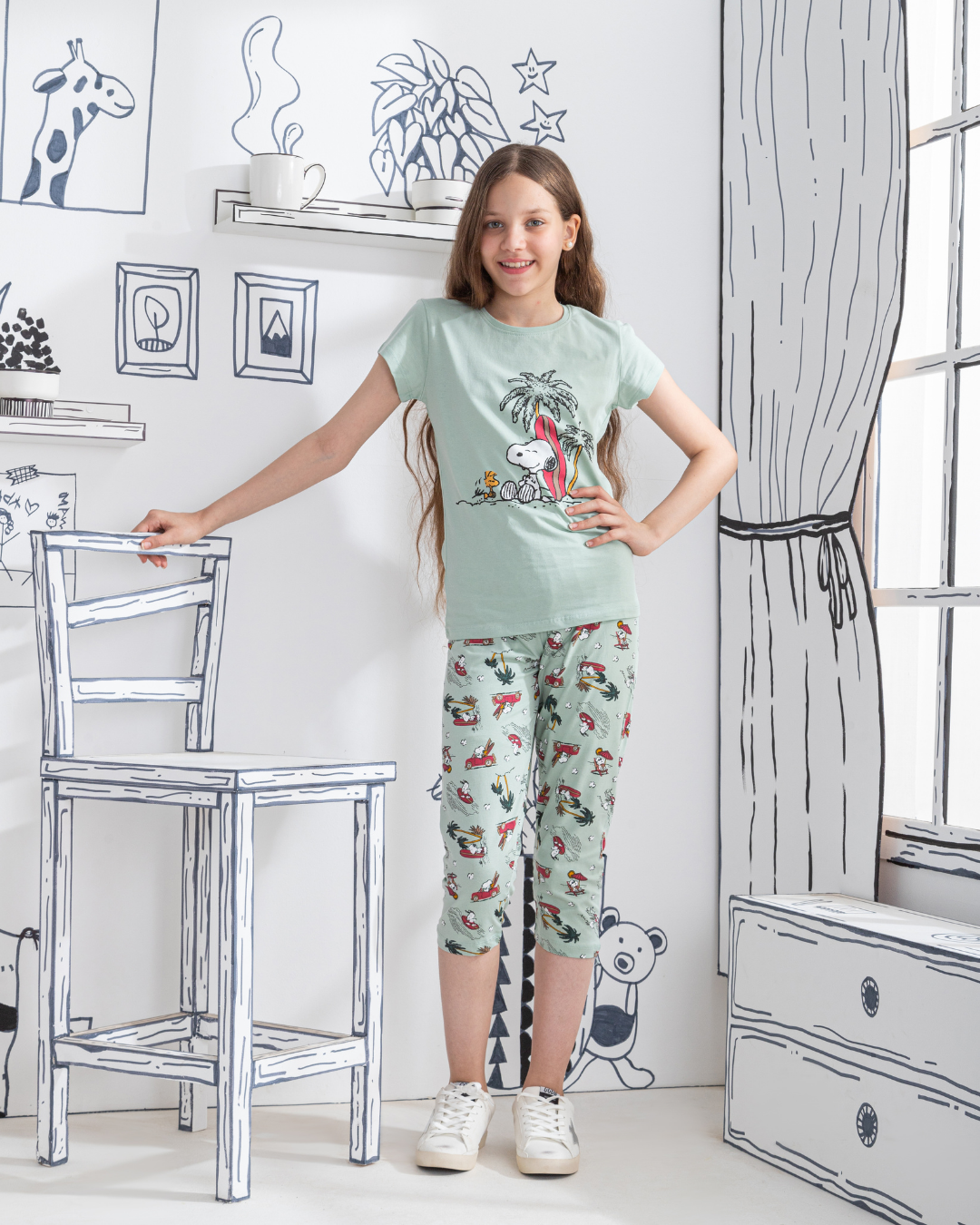 Snoopy بيجامه بناتي جرسونيه تيشرت نص كم وبنتاكور سنوبي