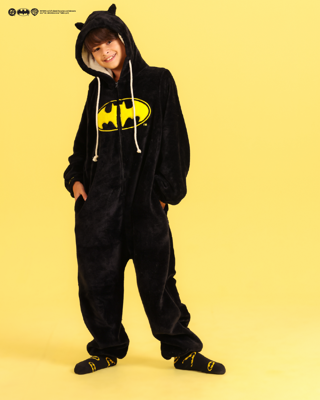 Children's black fleece Batman-print onesie