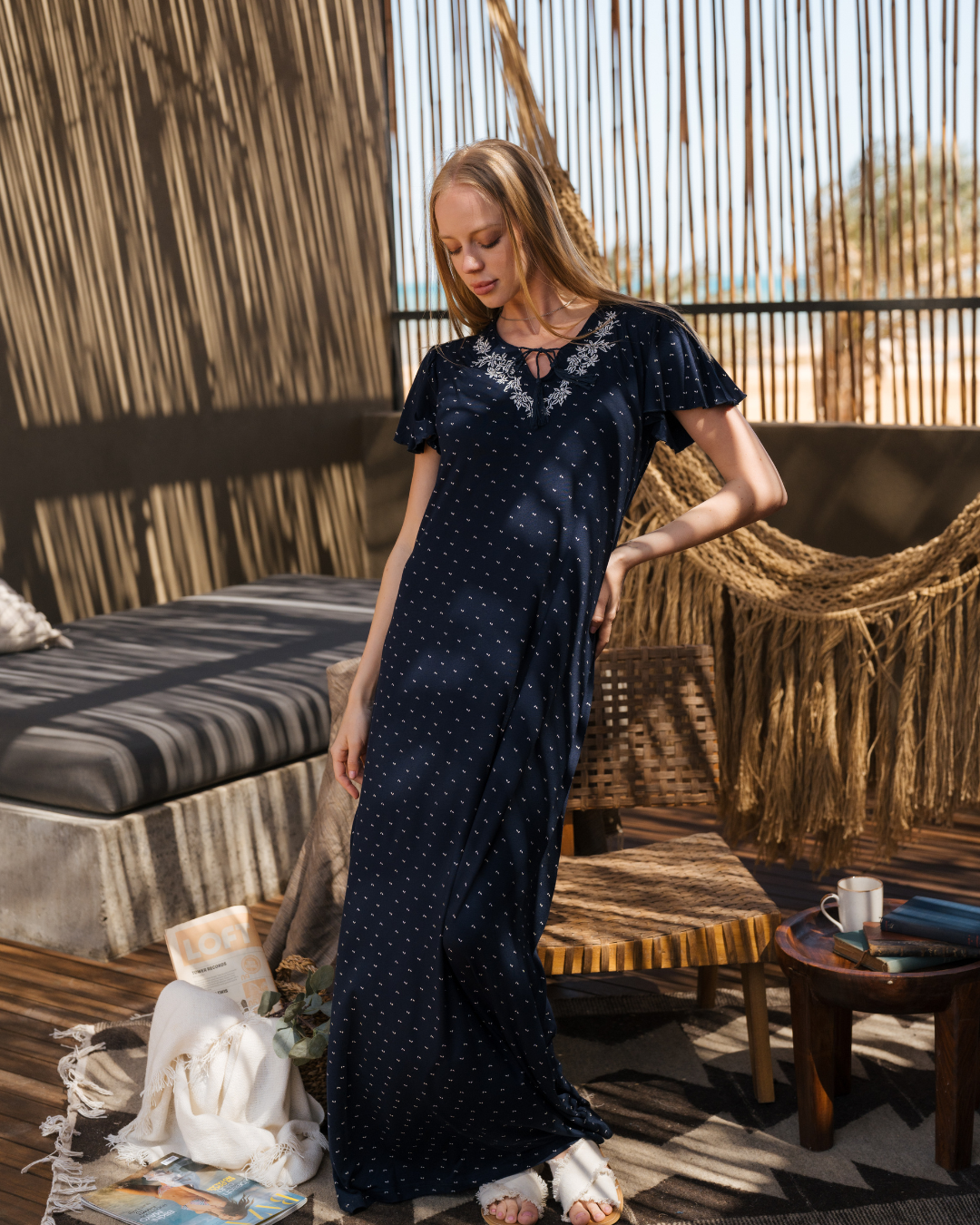 Printed Embroidrey galabya جلابية حريمي نص كم  فسكوز مطبوع وعليها تطريز