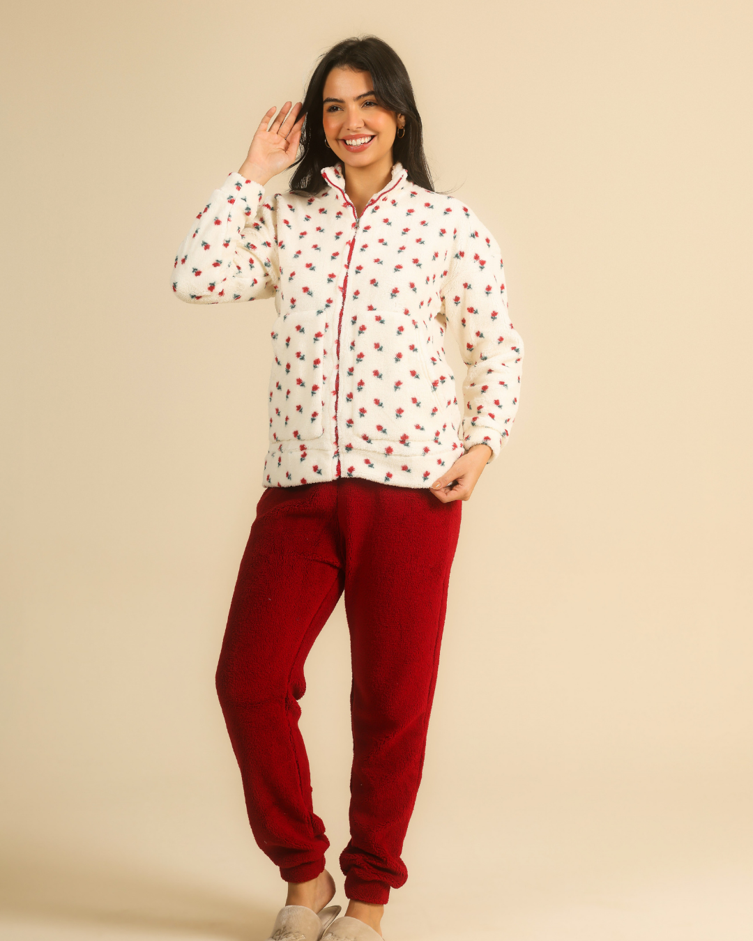 Enjoying winter in red roses pajama