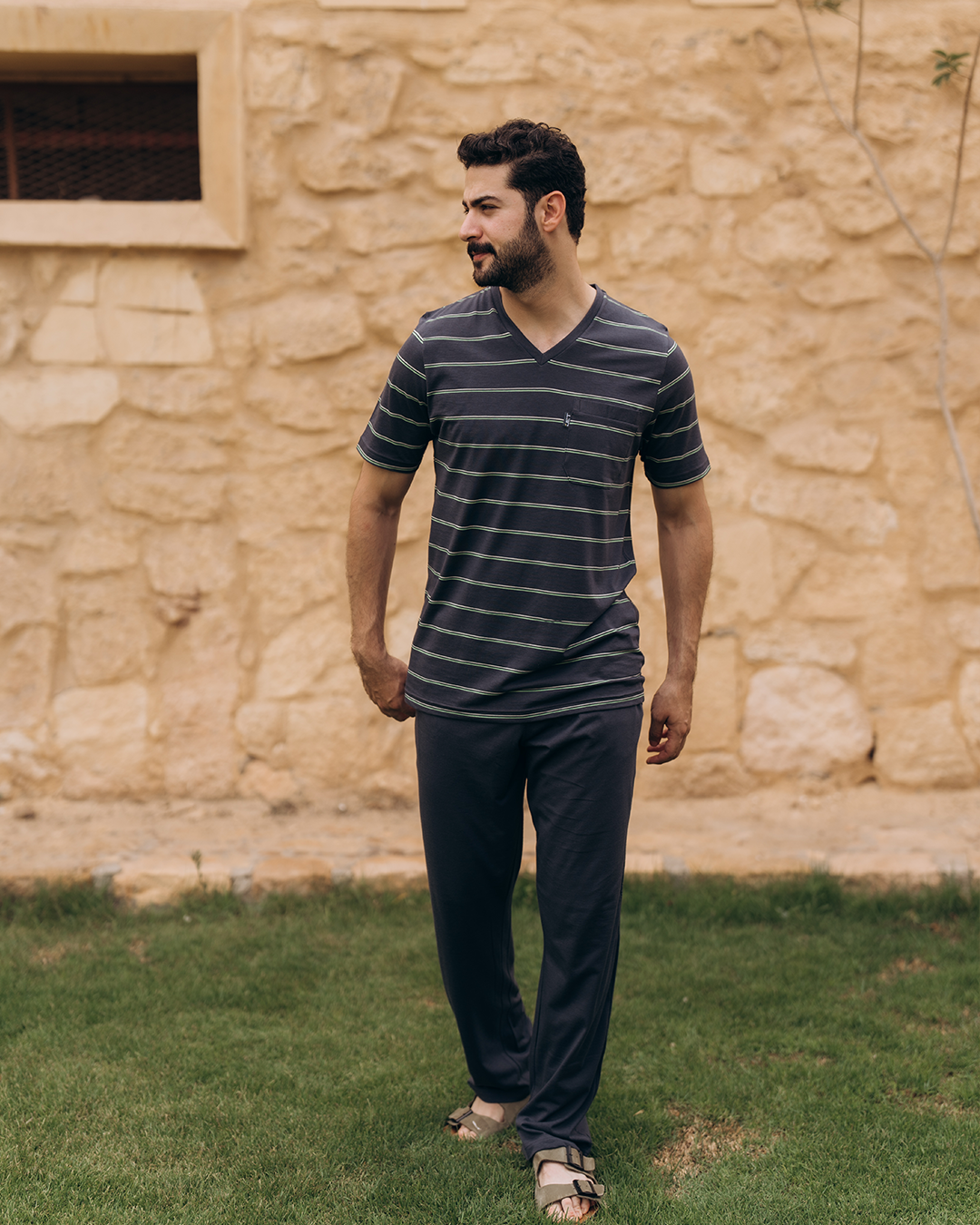 مقلم عرض جيب بنطلون V بيجامه رجالي