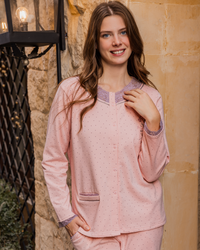 بيجامه حريمي فتح ازرار كم طويل بنطلون طويل طباعة منقط