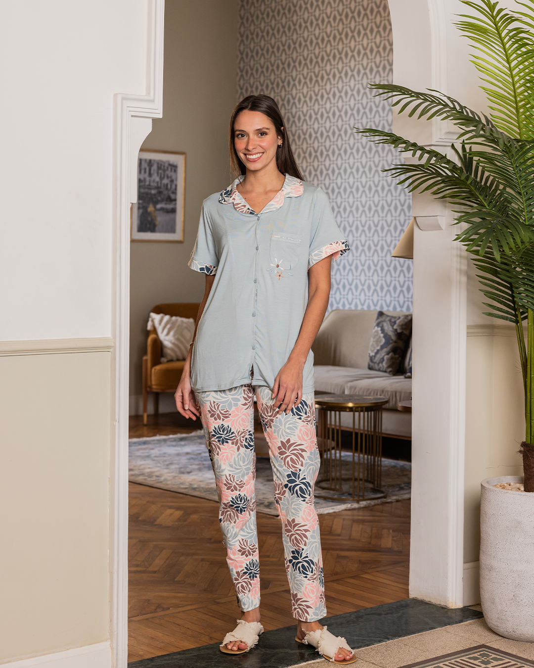 Women's pajamas, long floral trousers, half-sleeved T-shirt with buttons and a chest pocket