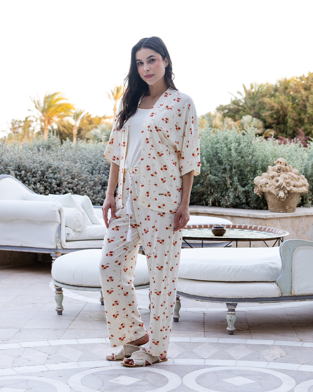 Orange Flowers pajamas 3 pieces viscose lycra