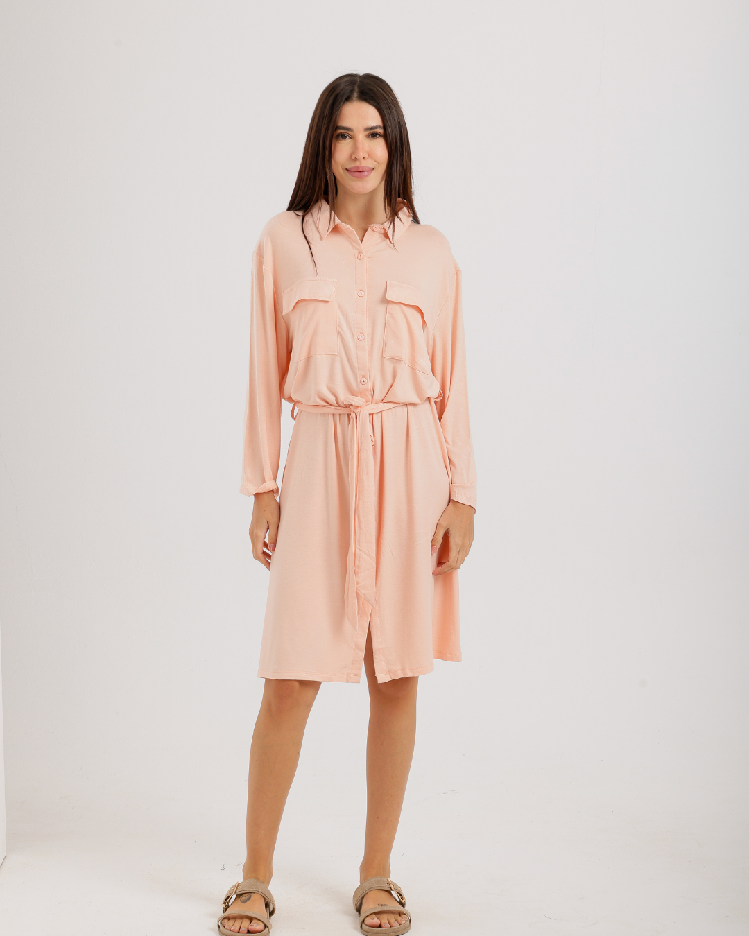 Women's Short Sleeve Shirt with Buttons, Chest Pockets, and Waist Tie