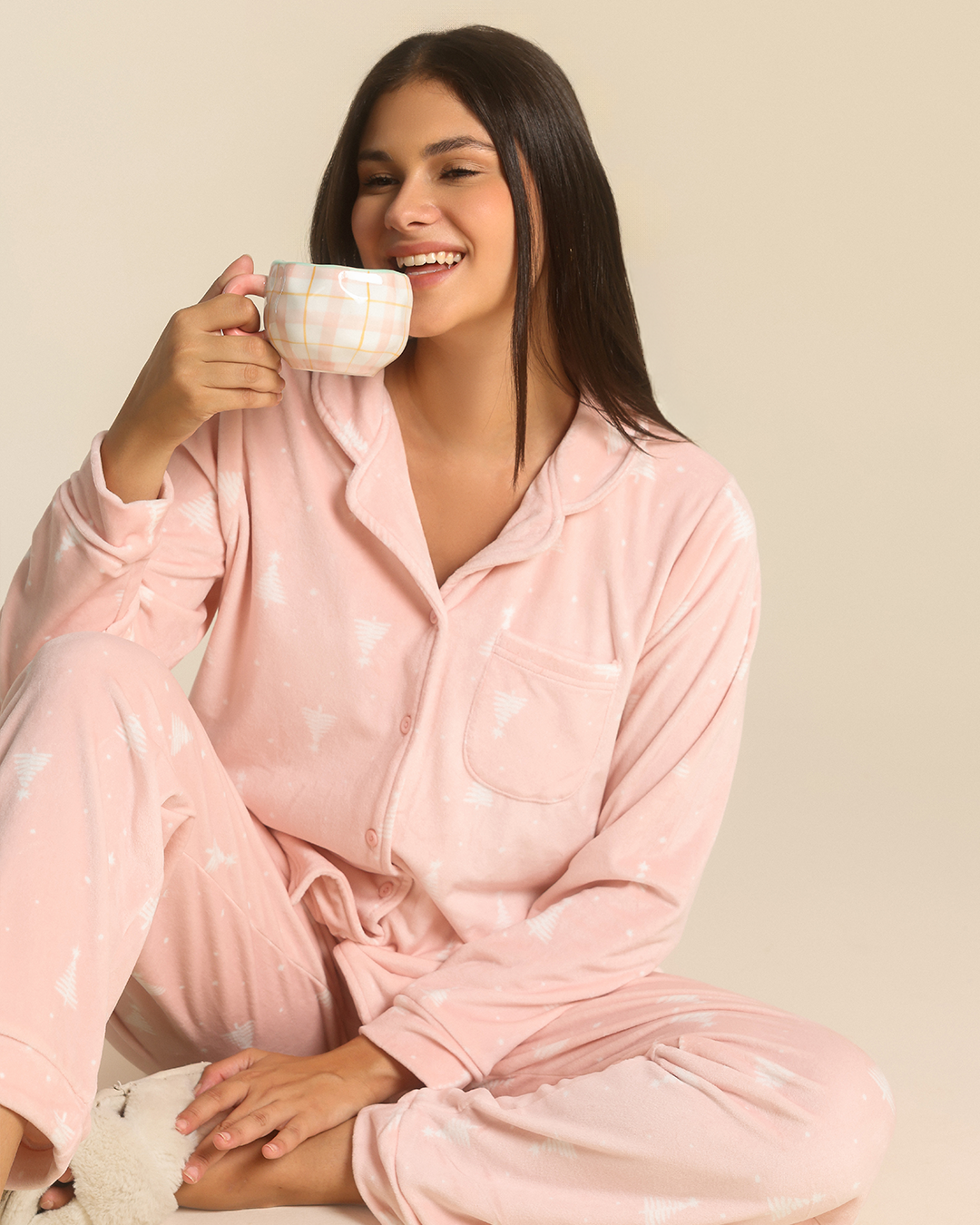 Women button up pajama in rose forest
