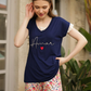 Women's half-sleeved pajamas with lace on the sleeve and floral trousers with a heart on the chest
