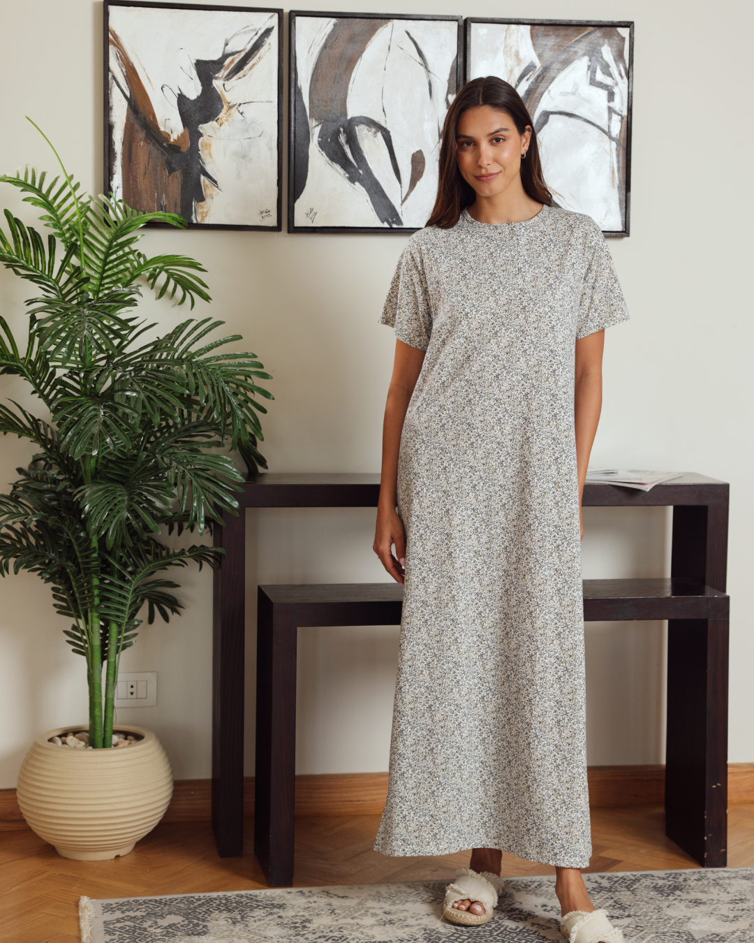 Women's Round Neck Half Sleeve Printed Night Shirt