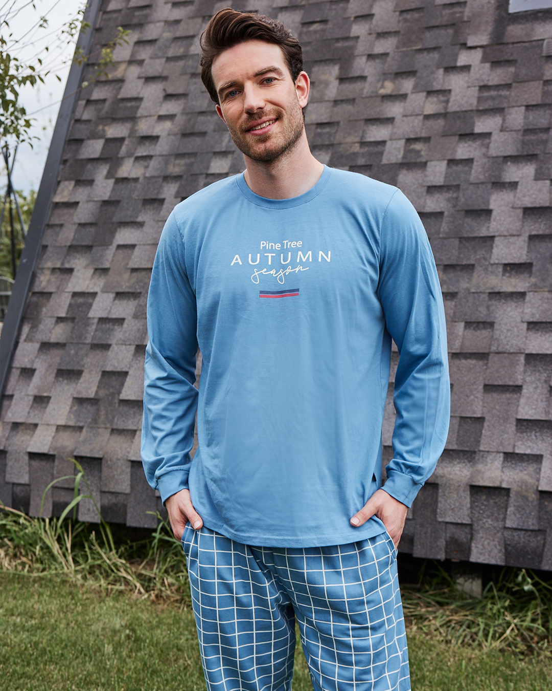 Pine tree autumn season men's long sleeve pajamas, Melton