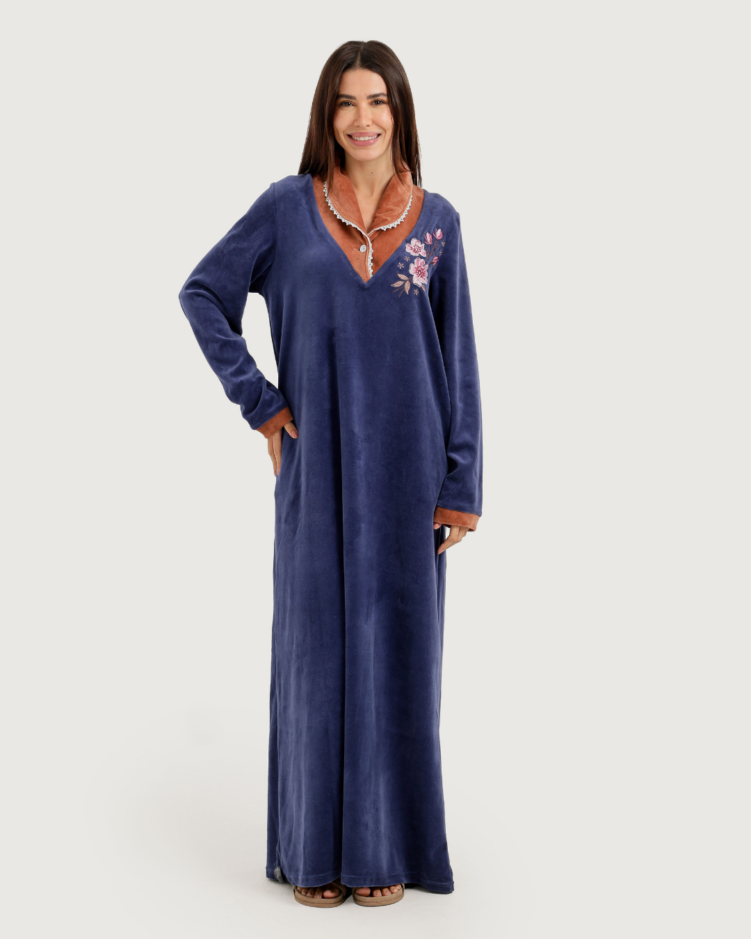 Women's Velvet Shirt with Embroidered Rose Collar