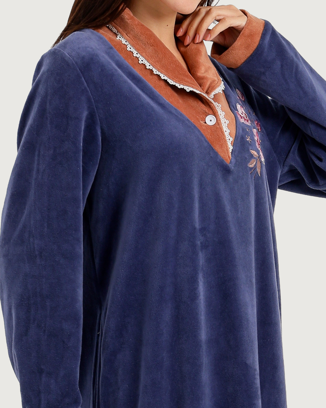 Women's Velvet Shirt with Embroidered Rose Collar