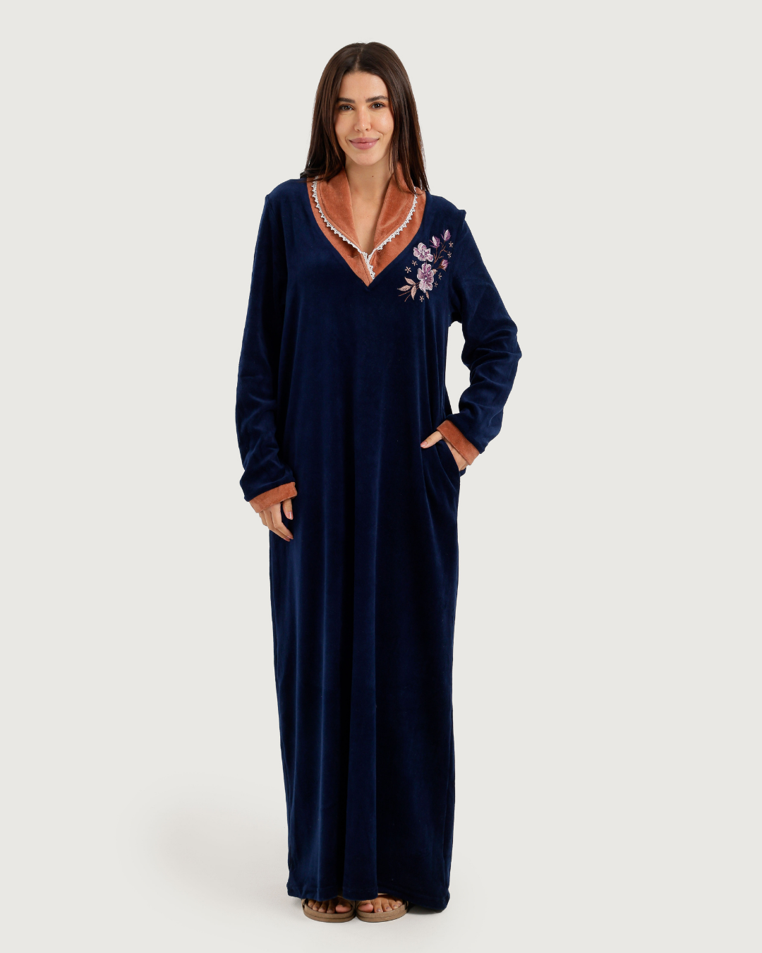 Women's Velvet Shirt with Embroidered Rose Collar