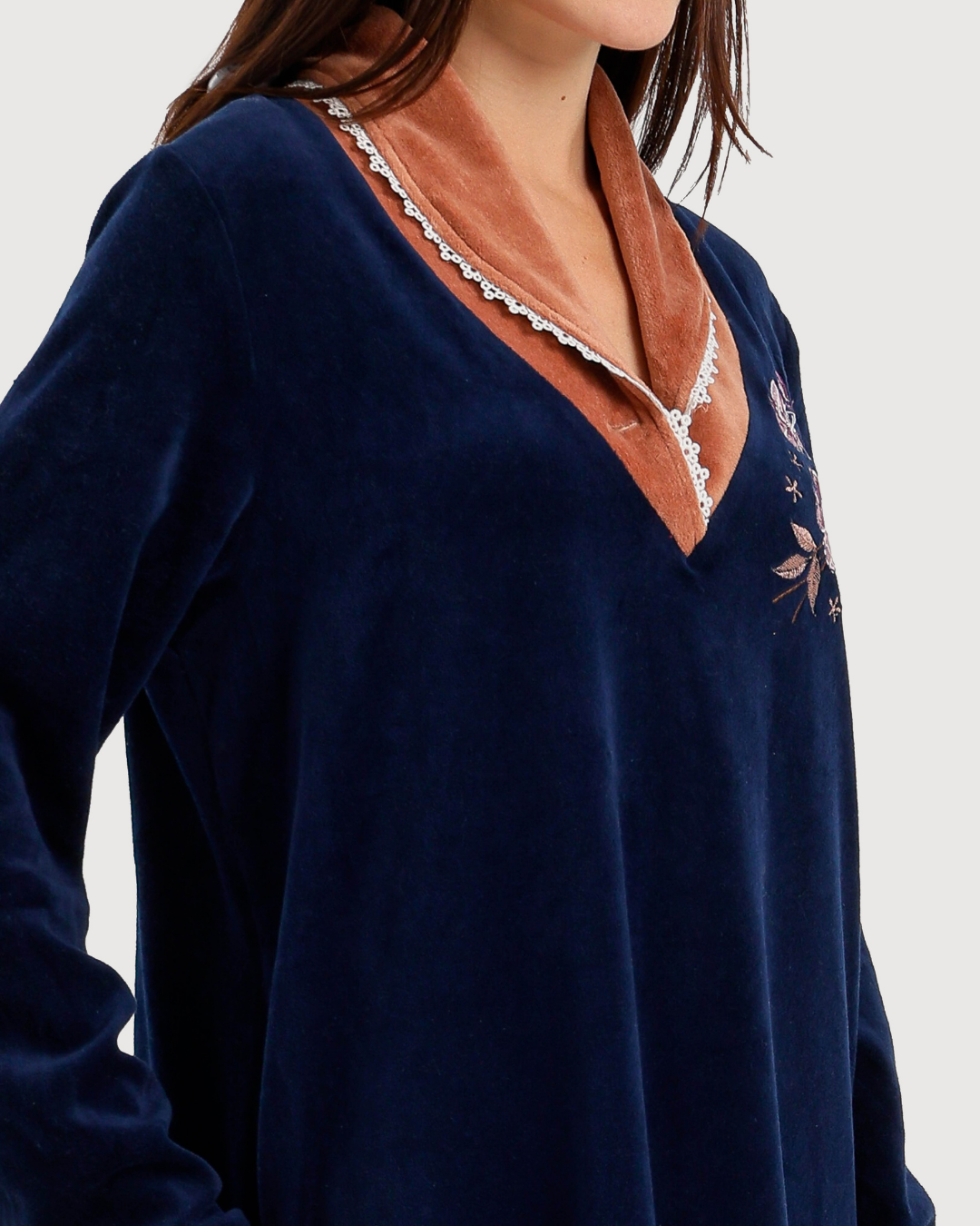 Women's Velvet Shirt with Embroidered Rose Collar