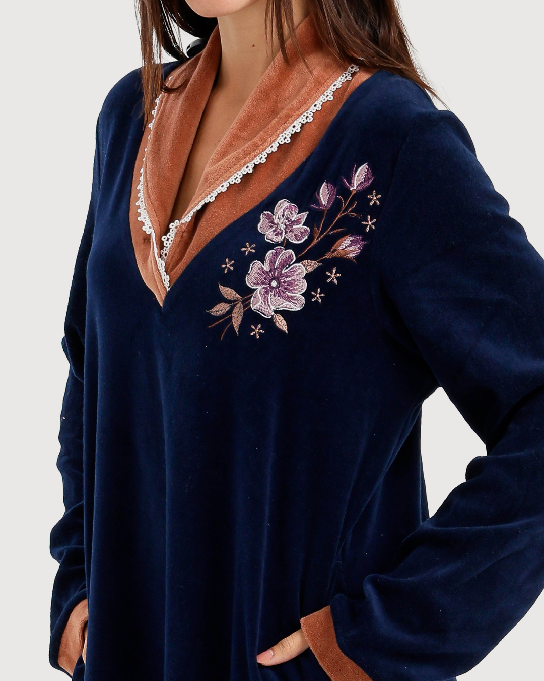 Women's Velvet Shirt with Embroidered Rose Collar