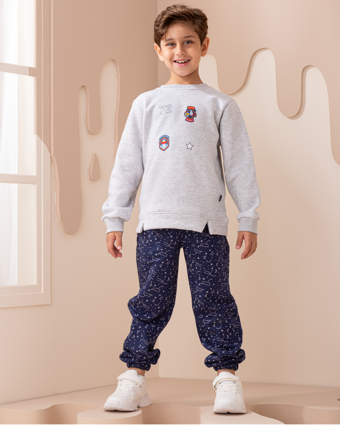 Space Boys' Pajamas with Medium Sleeves and Printed Pants