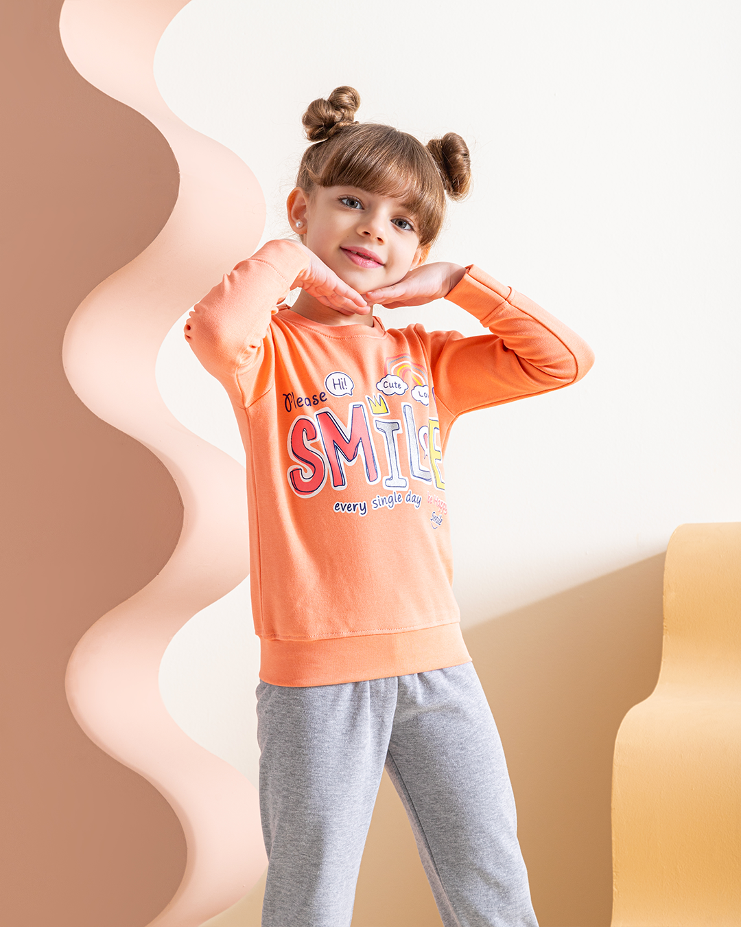 Smile  بيجامه بناتي طقم طباعة انترلوك