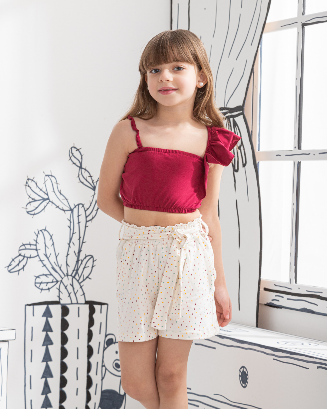 Ruffel Shoulder بيجاما بناتي توب وشورت