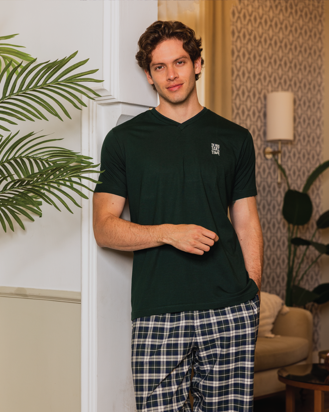 السادة Xبيجامه رجالي تيشرت نص كم رواند وبنتاكور النسيج الكاروة