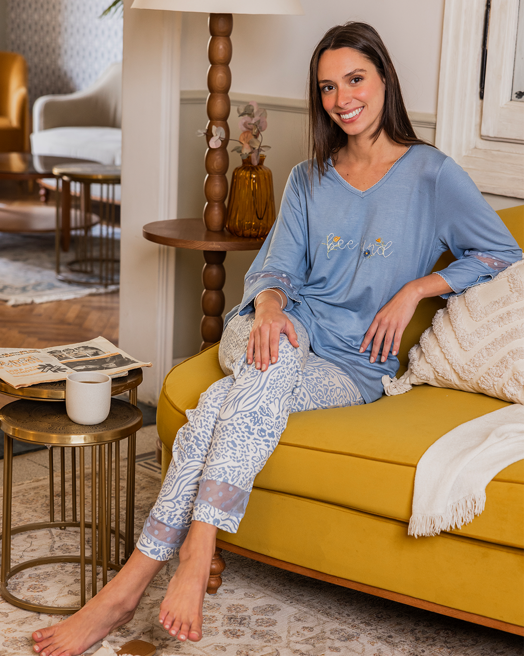 beekind Women's pajamas, long tiger trousers, lace T-shirt on the back, 3/4 sleeve