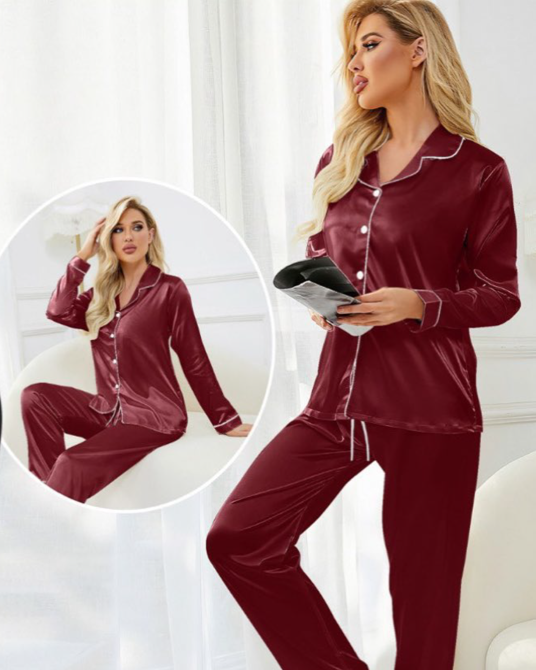 بيجامه حريمي ستان كلاسيك ساده بزراير