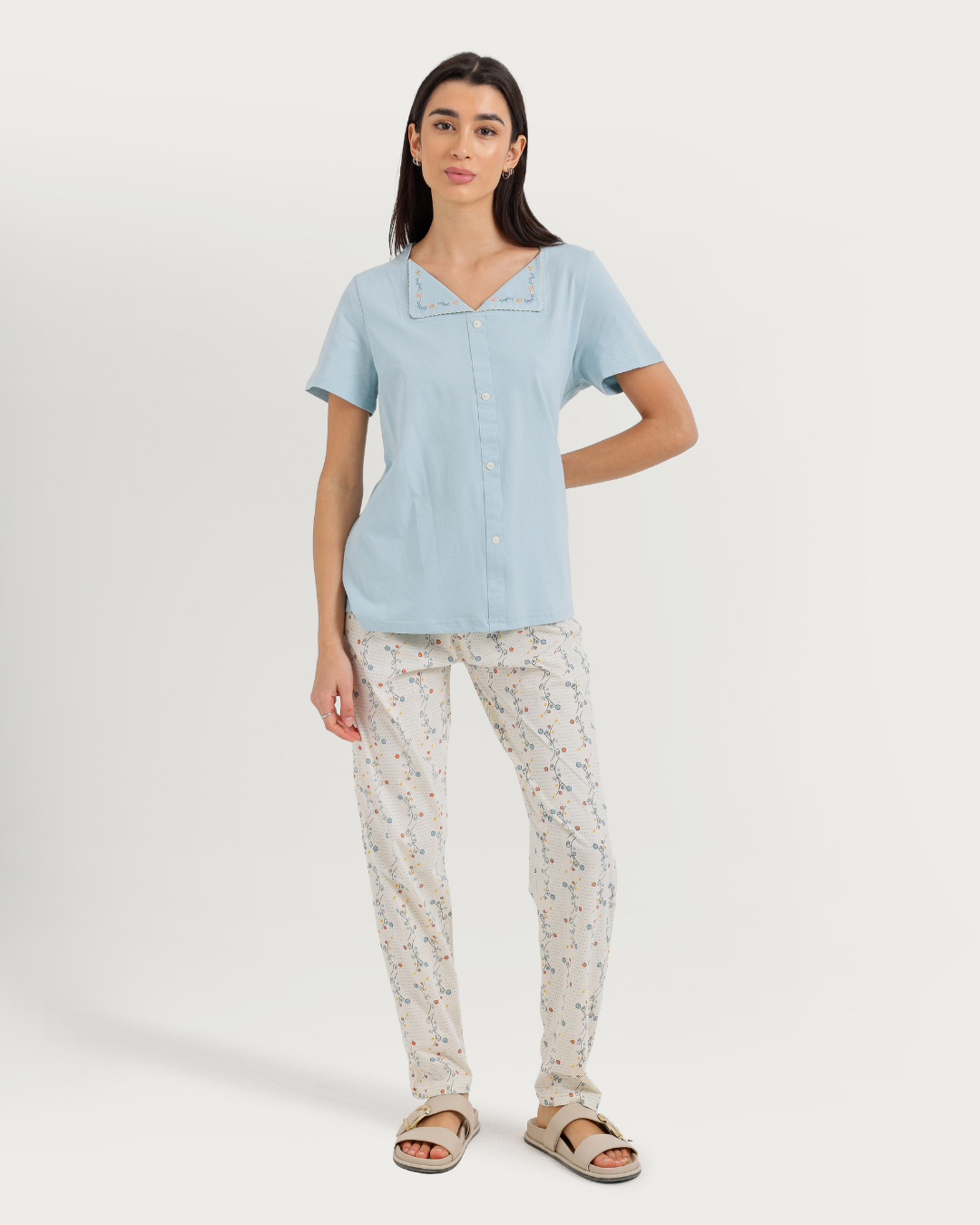 Women's Half Sleeve Pajama with Embroidered Pants