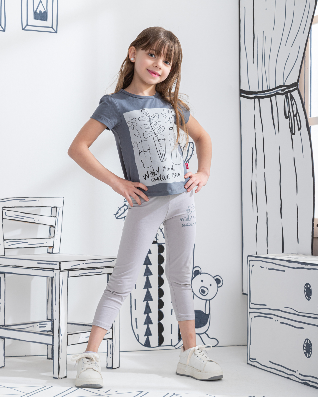 Wendy Mind بيجامه بناتي نصف كم وبنطلون طباعه صدر وبنطلون