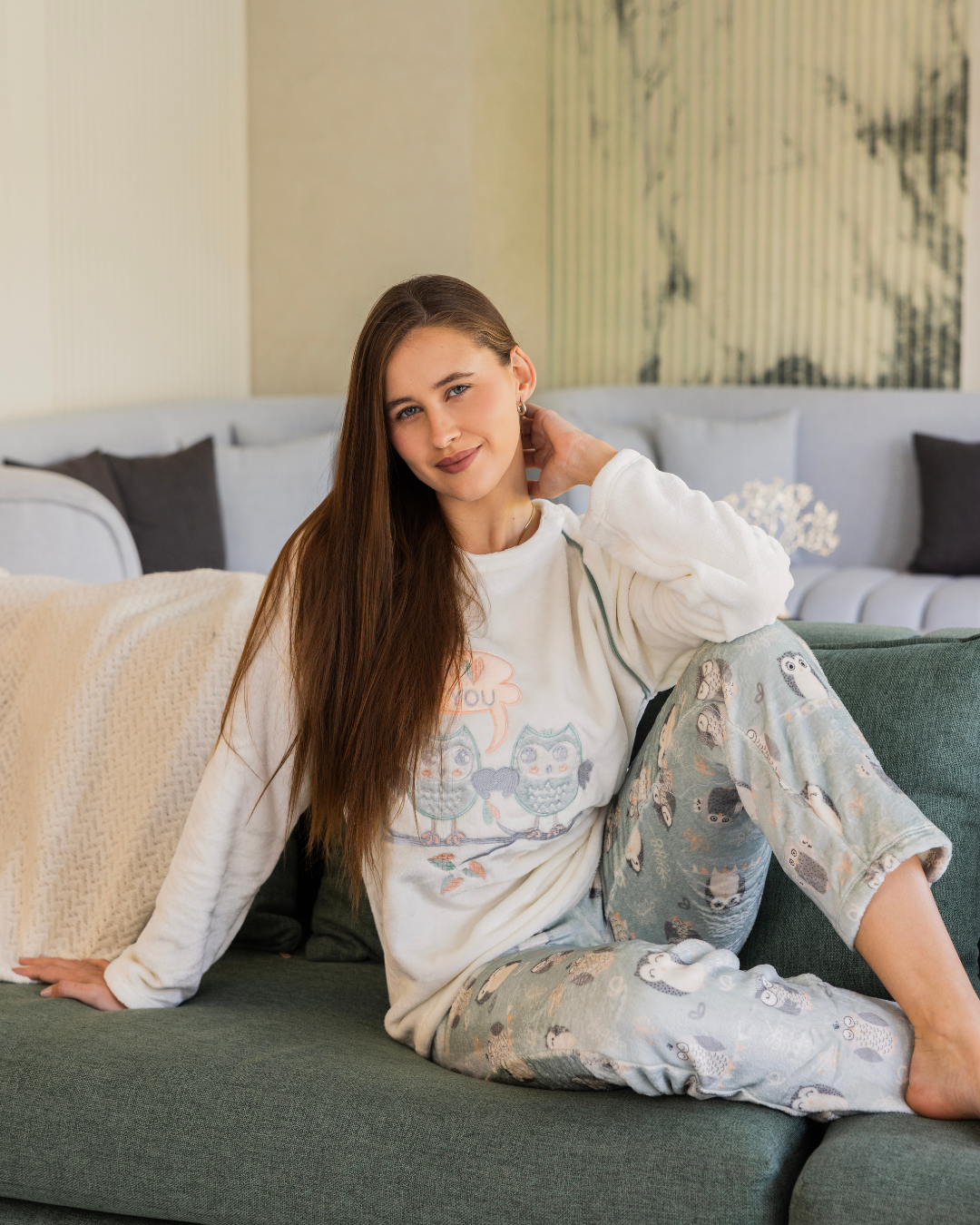 Women's pajamas, two men, embroidered owl, patterned pants