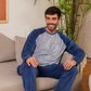 Men's pajamas, plain long-sleeved velvet T-shirt with round neck, button-down collar, embroidered chest pocket and plain pants