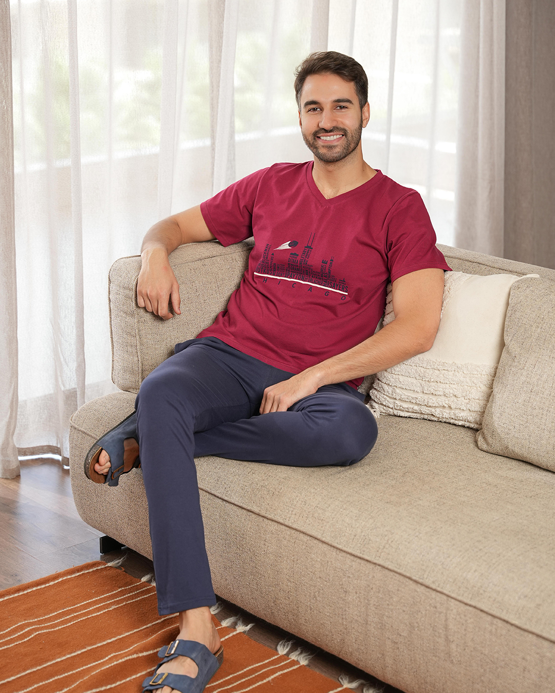 CHICAGO  بيجامه رجالي بنطلون طويل تيشرت نص كم رقيه سبعه طباعة