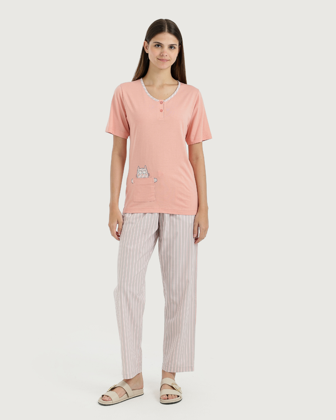 Women's half-sleeved pajamas with embroidery and fabric trousers