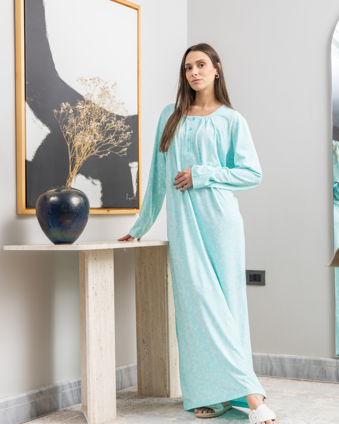 قميص نوم حريمي طويل بكم راوند بزراير طباعه فراشات