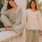 Women's pajamas, seven-sleeved T-shirt with a yoke and striped pants with a drawstring, heart print on the chest