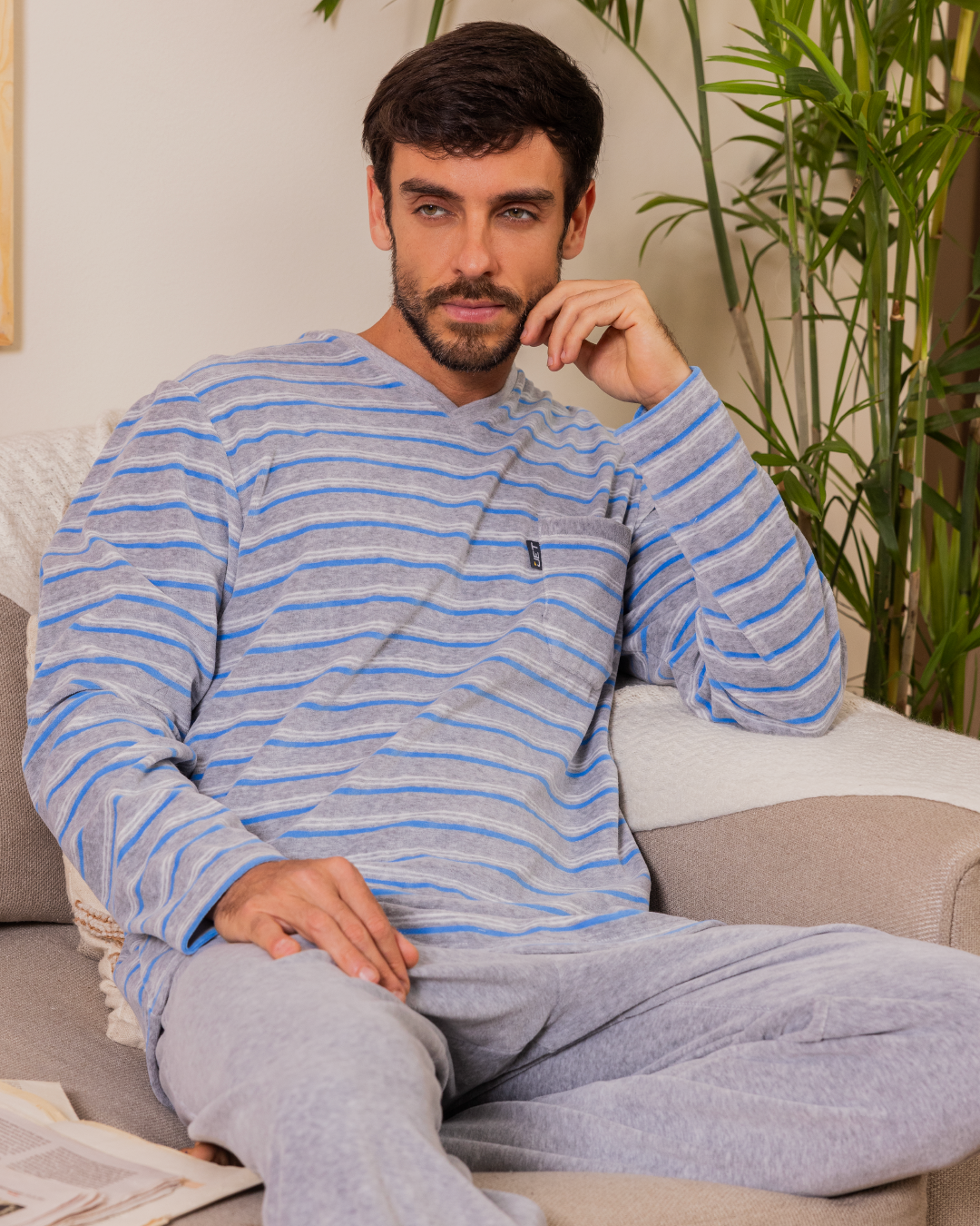 Men's Striped V-Neck Button Down Pajama Set with Chest Pocket and Plain Pants