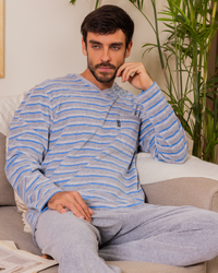 Men's Striped V-Neck Button Down Pajama Set with Chest Pocket and Plain Pants