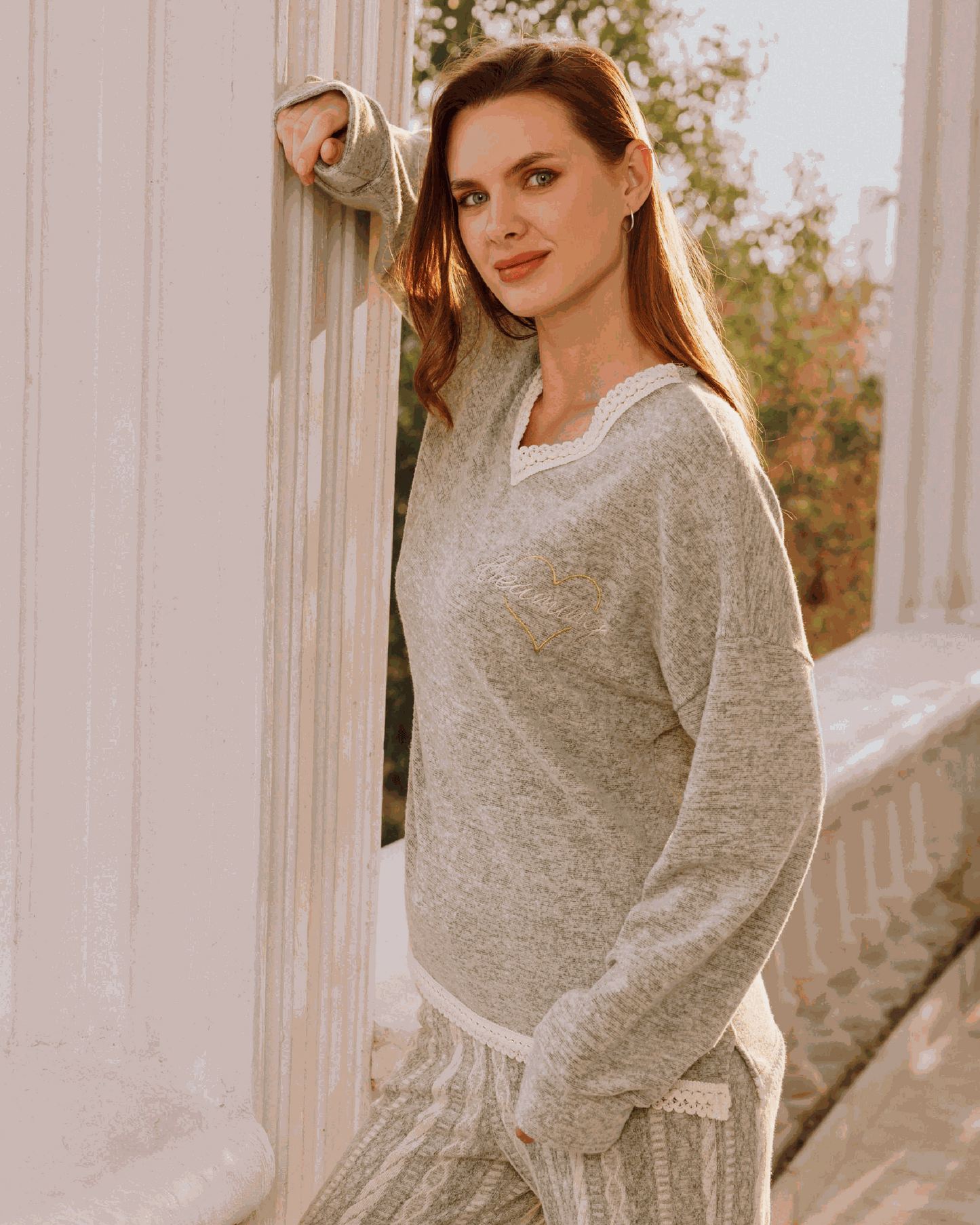 Women's pajamas, seven-sleeved T-shirt with a yoke and striped pants with a drawstring, heart print on the chest