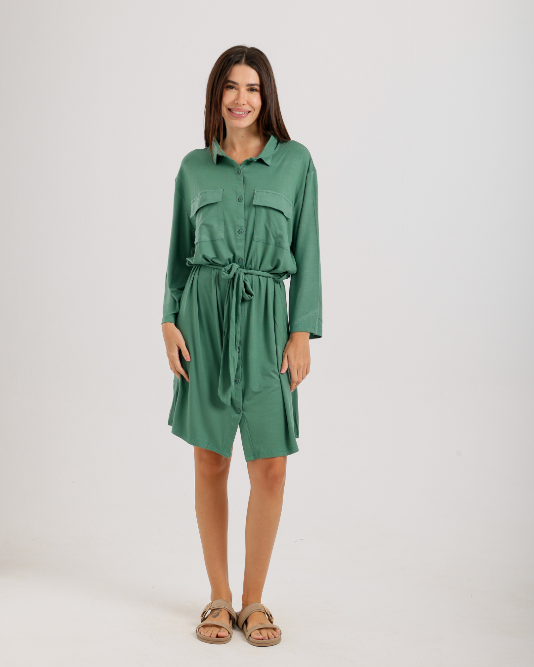 Women's Short Sleeve Shirt with Buttons, Chest Pockets, and Waist Tie