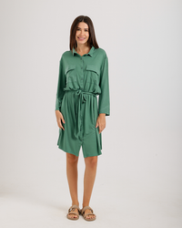 Women's Short Sleeve Shirt with Buttons, Chest Pockets, and Waist Tie